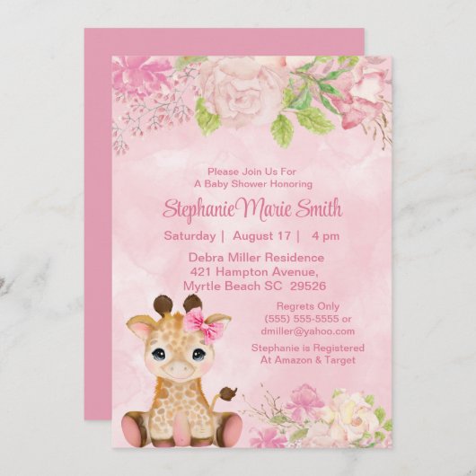 かわいい女の子ベビーキリンフローラ赤ちゃんシャワー 招待状 (正面/裏面)