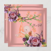 かわいい女の子ベビーシャワーガールコーラルピーチ 招待状 (正面/裏面)