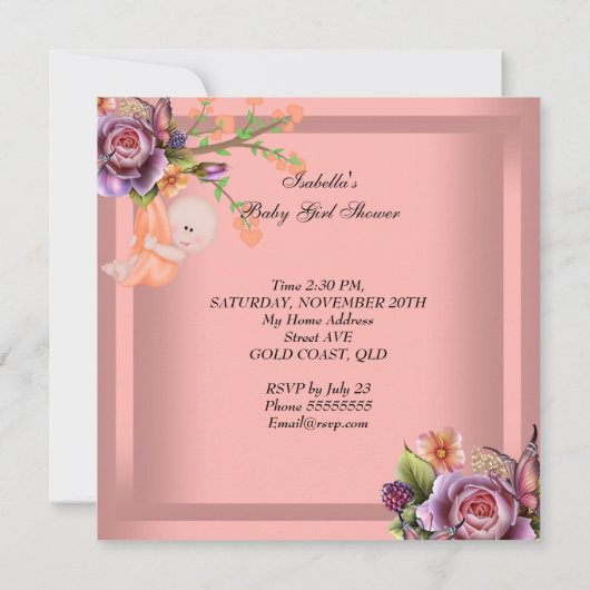かわいい女の子ベビーシャワーガールコーラルピーチ 招待状 (裏面)