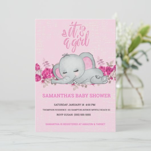 かわいい女の子ベビーゾウ眠るフローラピンク 招待状 (スタンド正面)