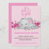 かわいい女の子ベビーゾウ眠るフローラピンク 招待状 (正面/裏面)
