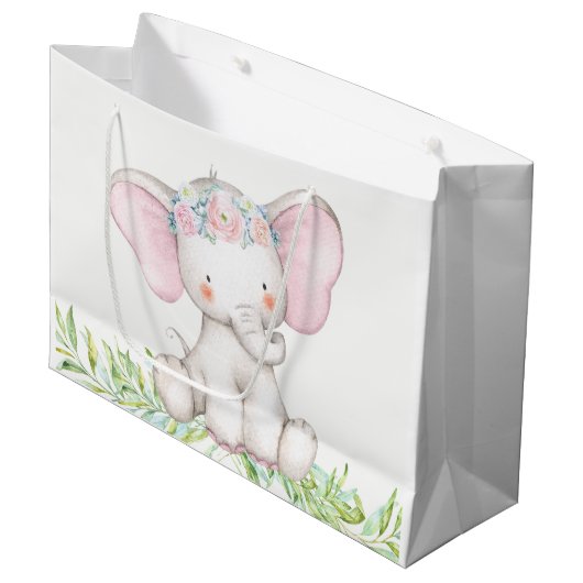 かわいい女の子ベビーゾウ赤ちゃんシャワー ラージペーパーバッグ (正面アングル)