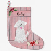 かわいい女の子マルチーズピンク木製フェンスモノグラム スモールクリスマスストッキング (正面)