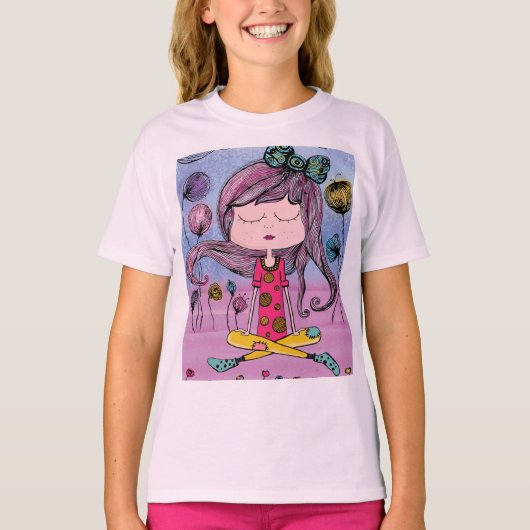 かわいい女の子ヨガイラスト キッズTシャツ Tシャツ (正面)