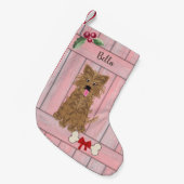 かわいい女の子ヨークシャーテリアピンク木製フェンスモノグラム スモールクリスマスストッキング (正面 (吊り時))