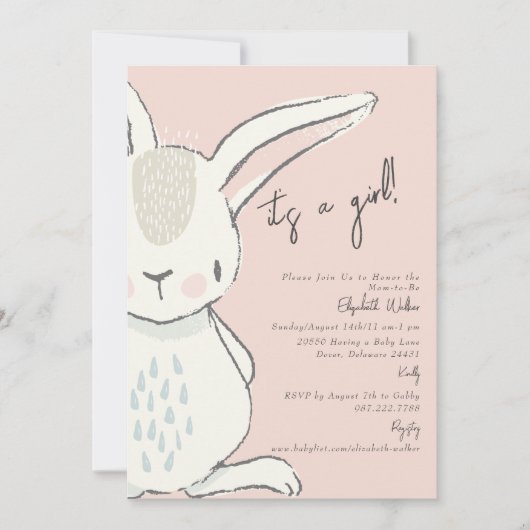 かわいい女の子ラビットピンクと灰色の赤ちゃんシャワー 招待状 (正面)