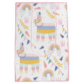 かわいい女の子ラマ虹の誕生日パーティー ミディアムペーパーバッグ (裏面)