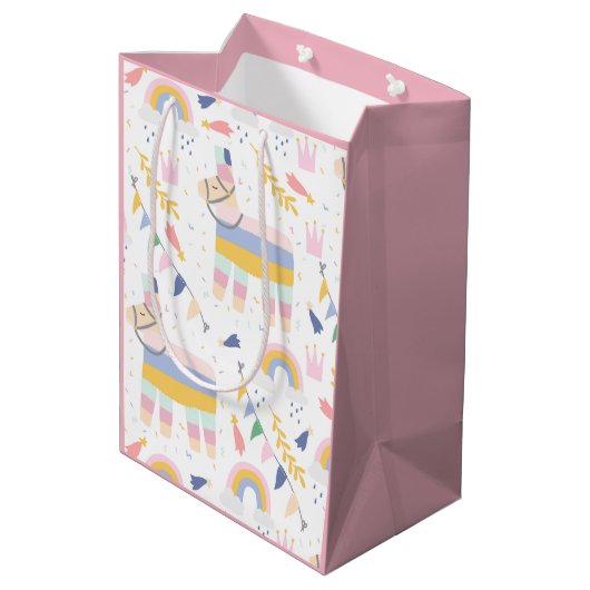 かわいい女の子ラマ虹の誕生日パーティー ミディアムペーパーバッグ (裏面アングル)