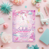 かわいい女の子レインボーユニコーンスパークルバースデーパーティー 招待状