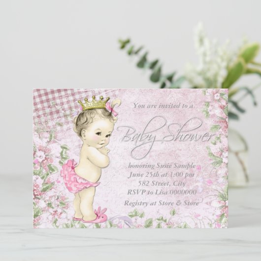 かわいい女の子ヴィンテージピンクベビーシャワー 招待状 (スタンド正面)