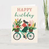 かわいい女の子乗用自転車w花ハッピーバースデー カード (正面)