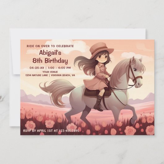 かわいい女の子乗馬とピンクの花誕生日 招待状 (正面)