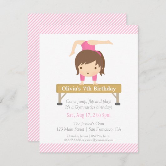 かわいい女の子体操子供の誕生日パーティー 招待状 (正面/裏面)
