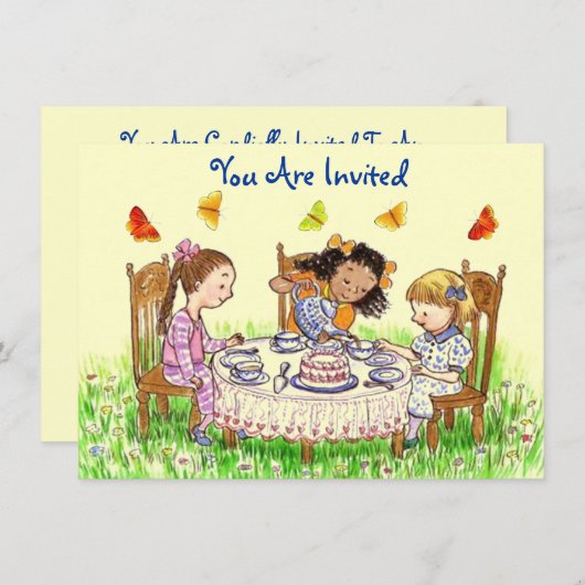 かわいい女の子及び蝶パーティーの茶招待状 招待状 (正面/裏面)