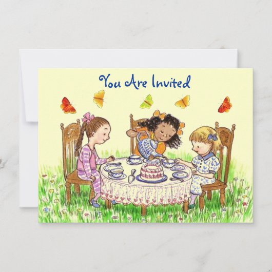 かわいい女の子及び蝶パーティーの茶招待状 招待状 (正面)