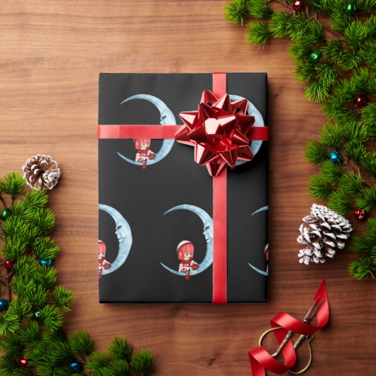 かわいい女の子小妖精や小人ムーンブラッククリスマスに座る ラッピングペーパー (クリスマスギフト)