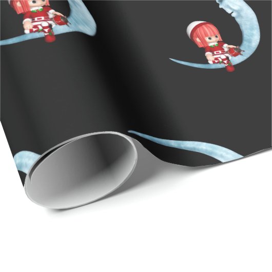 かわいい女の子小妖精や小人ムーンブラッククリスマスに座る ラッピングペーパー (ロールコーナー)