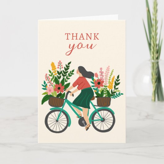 かわいい女の子自転車w花ありがとう カード (正面)