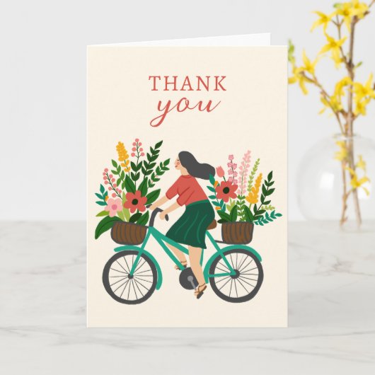かわいい女の子自転車w花ありがとう カード (黄色い花)