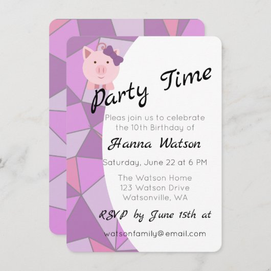 かわいい女の子豚の誕生日パーティーの招待 招待状 (正面/裏面)