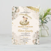 かわいい女の子金ゴールドホワイトクリームフラワープリメラコムニオン 招待状 (スタンド正面)