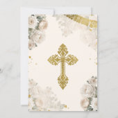 かわいい女の子金ゴールドホワイトクリームフラワープリメラコムニオン 招待状 (裏面)