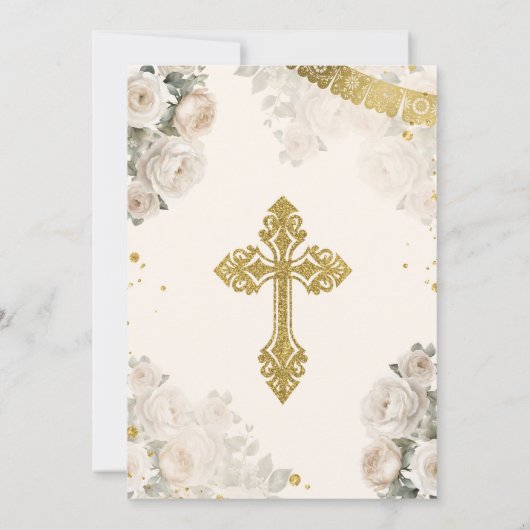 かわいい女の子金ゴールドホワイトクリームフラワープリメラコムニオン 招待状 (裏面)