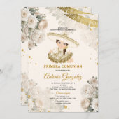 かわいい女の子金ゴールドホワイトクリームフラワープリメラコムニオン 招待状 (正面/裏面)