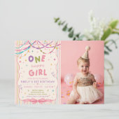かわいい女の子1歳の誕生日パーティーの写真 招待状 (スタンド正面)