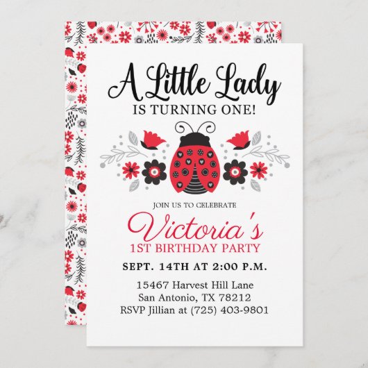 かわいい女の子1歳の誕生日パーティー 招待状 (正面/裏面)