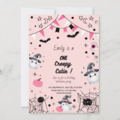 かわいい女の子1st誕生日ハローウィンパーティピンク 招待状 (正面)