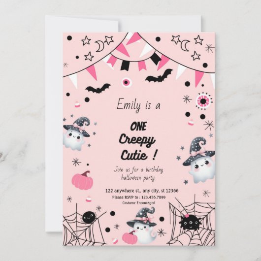 かわいい女の子1st誕生日ハローウィンパーティピンク 招待状 (正面)