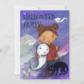 かわいい女の子、おばけ、黒猫 | キッズのすごいハロウィン 招待状 (正面)