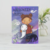 かわいい女の子、おばけ、黒猫 | キッズのすごいハロウィン 招待状 (スタンド正面)