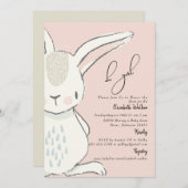 かわいい女の子 かわいいウサギ ピンクの赤ちゃん歓迎会 招待状 (正面/裏面)