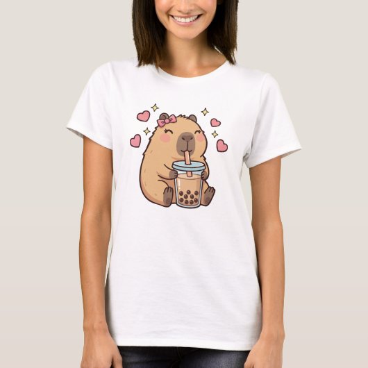 かわいい女の子 カピバラ ラーメン 可愛い お茶 カピ好き Tシャツ (正面)
