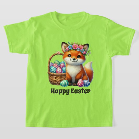 かわいい女の子 ハッピーイースター フォックス Tシャツ (レイダウン)