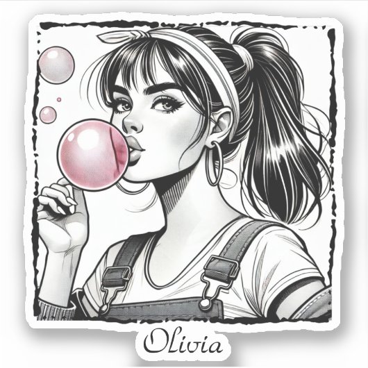 かわいい女の子 ピンクの泡 ,漫画の楽しさ,モノクロ シール (正面)