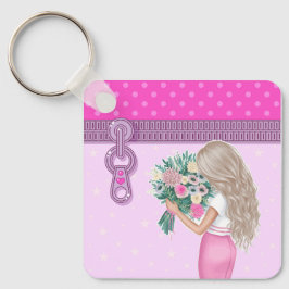 かわいい女の子&ピンクの花エレガントフローラデザイン キーホルダー