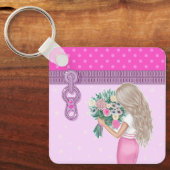 かわいい女の子&ピンクの花エレガントフローラデザイン キーホルダー (正面)