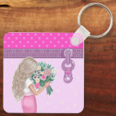 かわいい女の子&ピンクの花エレガントフローラデザイン キーホルダー (裏面)