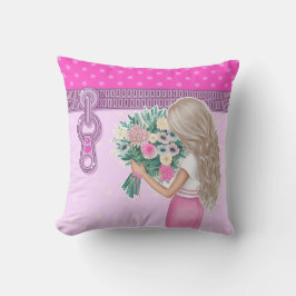 かわいい女の子&ピンクの花エレガントフローラデザイン クッション