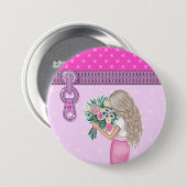 かわいい女の子&ピンクの花エレガントフローラデザイン 缶バッジ (正面&裏面)