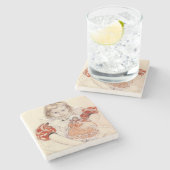 かわいい女の子 – 人形と（幼稚園のアート） ストーンコースター (横)