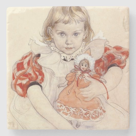 かわいい女の子 – 人形と（幼稚園のアート） ストーンコースター (正面)