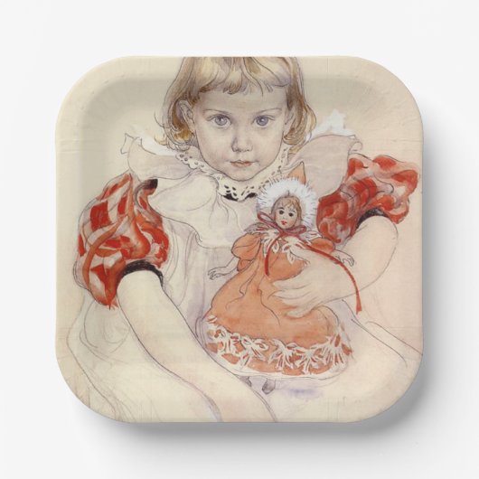 かわいい女の子 – 人形と（幼稚園のアート） ペーパープレート (正面)