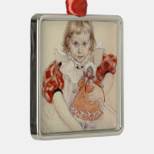 かわいい女の子 – 人形と（幼稚園のアート） メタルオーナメント (右)
