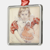 かわいい女の子 – 人形と（幼稚園のアート） メタルオーナメント (左)