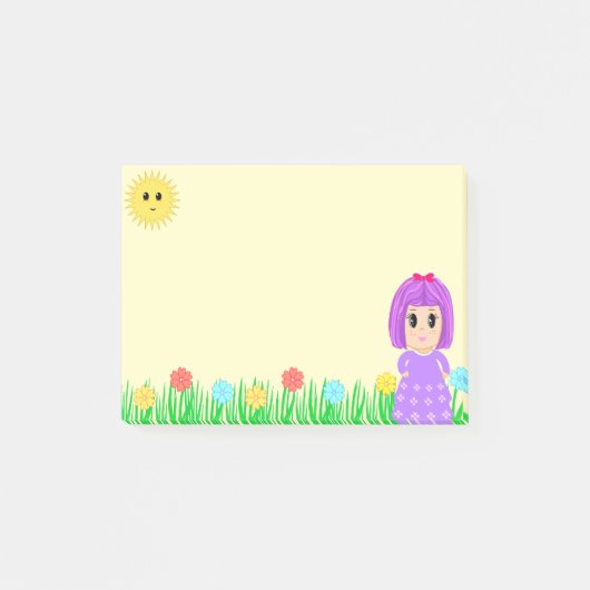 かわいい女の子、日、花、草 ポストイット (正面)