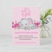 かわいい女の子 赤ちゃん象 ねている 花 ピンク 招待状 (スタンド正面)